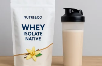 Sachet de Whey Isolate Native Nutri&Co posé sur table, à côté d’un shaker rempli de boisson protéinée